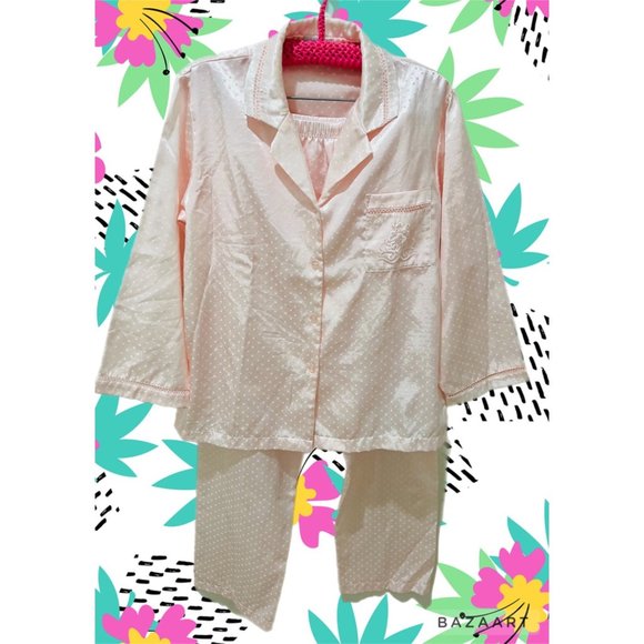 Heavenly Bodies Pink Satin Swiss Dot Pajama Set Embroidered Pocket - Picture 1 of 5